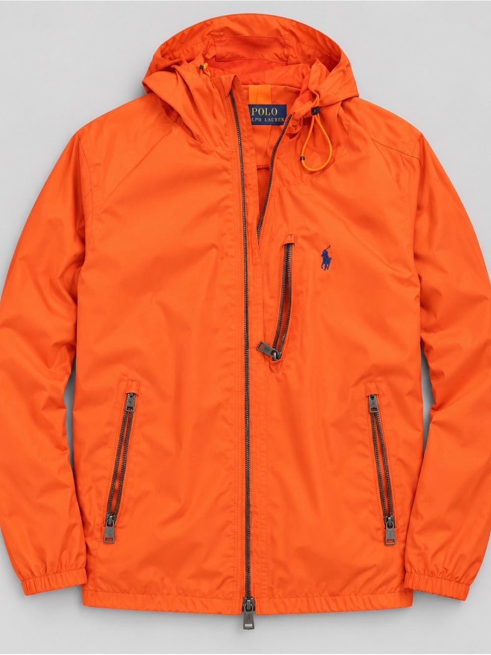 New fall Polo by Ralph Lauren Men’s Orange Hooded Windbreaker with Navy Logo!